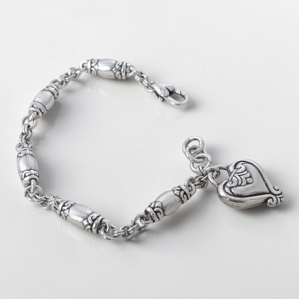 Vintage Brighton Blaire Brushed Silver Dangling Heart Charm Bracelet Retired